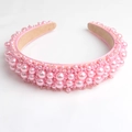 Pink wide headband with dense faux pearls and beads on a beige fabric lining - Pink Dense Artificial Pearls (Series 5-5)