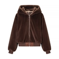 Deep brown faux fur hooded jacket with silver zipper and ribbed cuffs on white background - S / Coffee