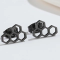 Minimalist black hexagon honeycomb earrings in matte stainless steel geometric design - Black
