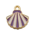 Purple and white shell charm pendant with gold metal base and striped enamel finish - Sea Shell (13x13mm)