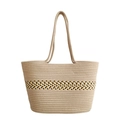 Beige cotton rope woven tote bag with colorful ethnic pattern and large capacity - Large / Black Stripe
