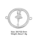 Silver ballerina jewelry connector with zircon crystals in circular frame, 28mm size - Silver Ballet Dancer Round (L0332-B)
