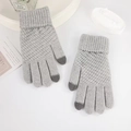 Close-up of grey knit touchscreen gloves showing conductive yarn tips for smartphone use - Gray