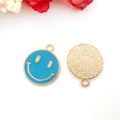 Blue round smiley face metal pendant charm with matte finish for DIY jewelry - Large 16x19mm / Blue