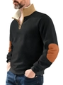 Men's black half-zip sweatshirt with khaki collar and brown elbow patches - S / Black