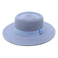 Light lavender boater straw hat with matching ribbon, flat brim sun protection style - Sky Blue