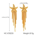 Detail showing 18k gold stainless steel starfish chain tassel earrings with dimensions - Starfish Tassel Earrings (HC-E10233)
