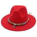Detail of red fedora hat with metallic coils and green starfish charm decoration - M (56-58cm) / Red