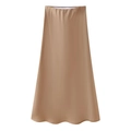 Elegante falda midi de satén de seda caqui para mujer con acabado liso y brillante - Caqui