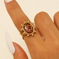 Vintage golden stainless steel open ring featuring a leopard print oval turquoise stone - Double Beaded Border Oval Style (A-464) / Gold/Leopard