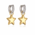 Elegant gold star drop earrings with silver pave cubic zirconia hoops on white background - Two-tone Pave Zircon Star Drop (CE00188CX)
