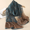 Chiffon printed long scarf in dark teal and caramel geometric pattern hanging on hanger - Teal Caramel Splicing