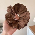 Large dark brown double-layer lace scrunchie with intricate eyelet embroidery detail - Four-layer Elastic Style / Brown