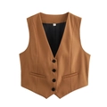 Mise à plat du gilet marron caramel cintré avec boutonnage simple et poches latérales - Couleur caramel