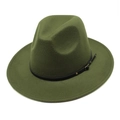 Classic dark green wool fedora hat with a black leather band and gold metal buckle - M (56-58cm) / Army Green