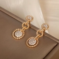 Gold plated nested round drop earrings with twisted texture and zircon inlay - Triple Circle Nested Twist / Gold