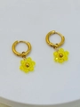 Handmade golden hoop earrings with bright yellow crystal flower pendants for summer - Transparent Yellow