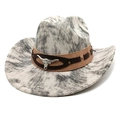 Western cowboy hat with black and white cow print, brown leather strap, and silver bull head - M (56-58cm) / Tie-Dye Grey