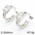 Silver stainless steel hoop earrings with rectangle clear zircon and hollow geometric design - Steel White