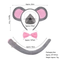 Set costume da topo grigio e rosa con cerchietto orecchie, naso, papillon e coda lunga - Cerchietto da topo grigio, naso, papillon rosa e coda