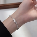 Silver geometric link bracelet with double chain and sparkling pave round pendants - Copper Coin Vintage Style Bracelet