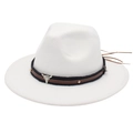 Close-up of white wool fedora with woven leather band and silver bull skull metal accent - White