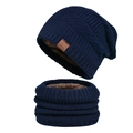 Men's winter dark blue knitted hat and neck warmer set with warm thermal fleece lining - 2-Piece Set (Hat + Scarf) / Navy Blue