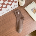 Brown mid-calf cotton socks featuring white double heart embroidery for women - One Size / Coffee