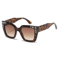 Modieuze oversized schildpad zonnebril met kristallen en bruine gradiënt glazen - Luipaard Frame / Theekleurige Lenzen