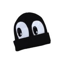 Cute black knit beanie for kids with large white cartoon eyes decoration on plain background - One Size / Black