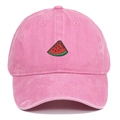 Close-up of vibrant watermelon slice embroidery on pink washed cotton baseball cap - One Size / Pink