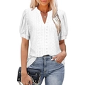 Casual white V-neck T-shirt with hollow-out puff sleeves and eyelet embroidery - S / White