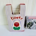 Knitted tote bag with purple stripes, red tulip flower pattern and flower lettering - Tulip Striped Purple