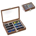 8-slot dark wood grain sunglasses storage box with glass lid and soft grey lining - 8-Slot Walnut Eyewear (Grey)