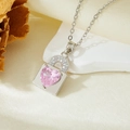 Detail of pink heart gemstone locket pendant on silver chain with micro-pave crystals - Silver Pink Zircon Lock Heart Necklace (T021)