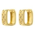 Macro detail of gold rectangle huggie earrings with engraved stars and zircon stones - VE1586 White Zircon Rectangular / Gold