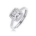 Adjustable 925 silver ring featuring a square clear zircon in a classic halo setting - Adjustable Open / Square Halo Style (R11437-6.5mm/1 Carat)