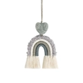 Detail of handmade macrame rainbow car charm with gray heart and wooden bead accent - Grey Rainbow (Heart)