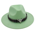 Detail of mint green wool felt fedora with ethnic woven band and silver bull skull charm - Green (Colored Steer)