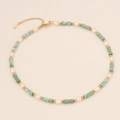Bamboo style gold necklace with natural green stone and white pearls for women - Imperial Green