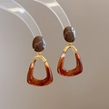 Vintage tortoiseshell resin geometric drop earrings with gold metal accents on white background - 59# Silver Earring Post-Brown-Oval Trapezoid Pendant