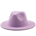 Front view of elegant purple wool felt fedora hat with flat brim and classic jazz style - M (56-58cm) / Taro Purple