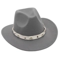 Detailed view of a grey felt fedora hat featuring a white band with pearls and studs. - Light Gray