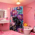 Wasserdichter Duschvorhang aus Polyester mit 3D-Schwarzer-Panther- und Blumen-Ölgemälde-Design - 26S-A Schwarzer Panther Pfingstrose / 90*180cm