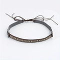 Ethnic style choker with woven orange pattern on black leather base and metallic rings - 56-58cm / Ethnic Webbing Patchwork Black Leather Choker (AB72)