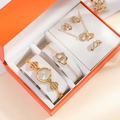Women's gold quartz watch set with heart rhinestone jewelry in orange gift box - Gold Clover (Orange Box)
