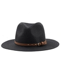 Classic black straw fedora hat with a brown studded leather band for summer sun protection - Black