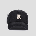 Detail of black washed denim baseball cap featuring an embroidered R patch and original tag - Adjustable / Black