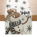 Chemin de table de Noël avec bonhomme de neige et flocons sur tissu polyester brun - 33cmx180cm / Bonhomme de Neige Flocon de Neige de Noël (ZQ17-2)