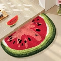 Semicircular watermelon slice bath mat in red and green plush for bathroom decor - Half Watermelon